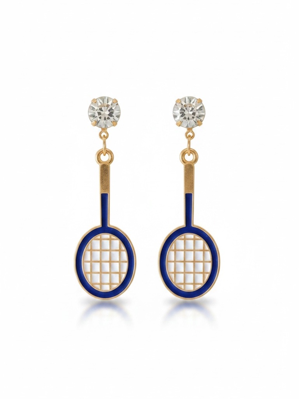 Tennis Racquet Pickle Ball Navy Blue & White Enamel Rhinestone Post Earrings